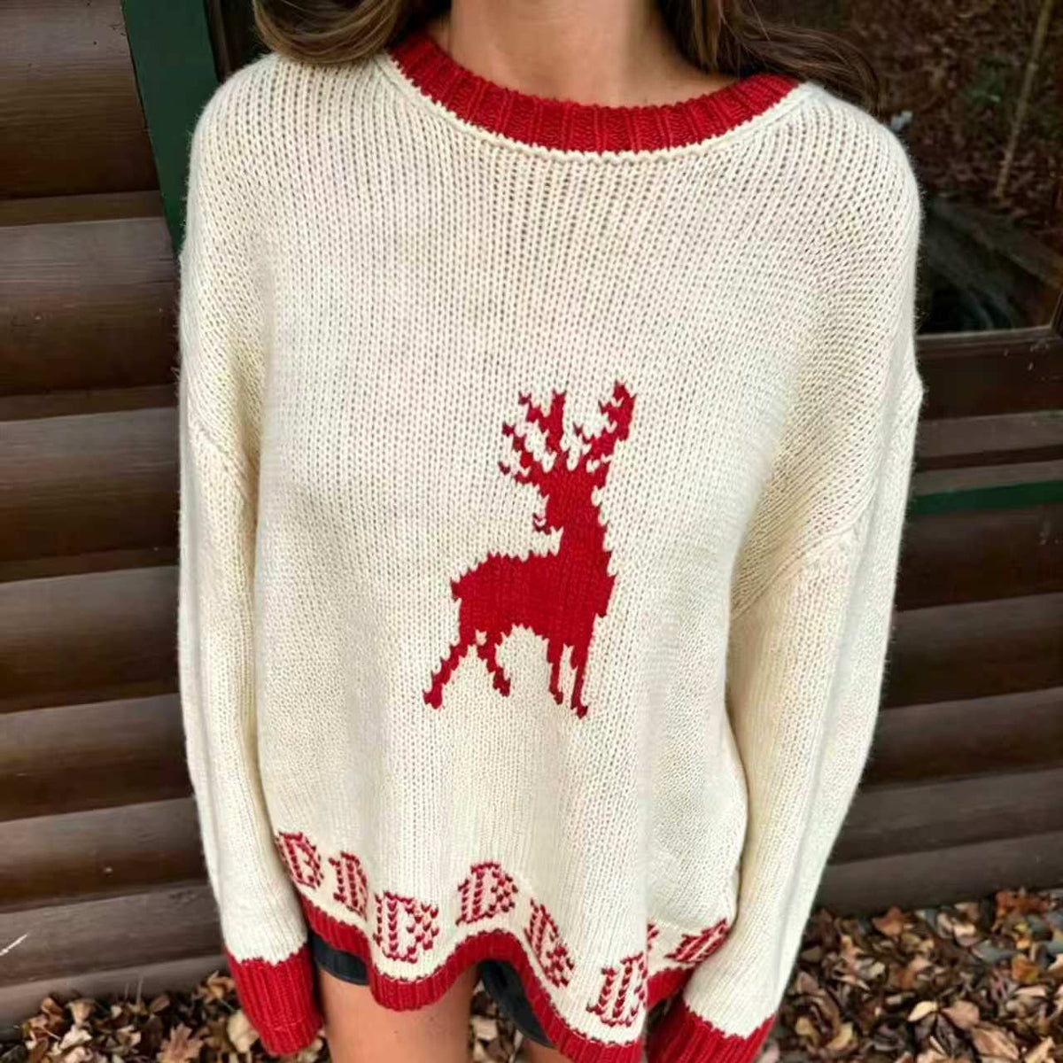 Womens Crew-neck Sweater Long-sleeve Loose-fitting Top