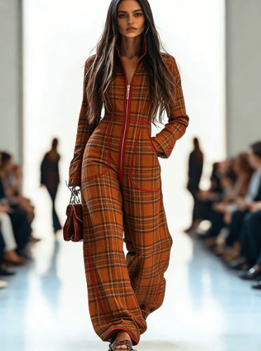 Retro Casual Zippered Long-Sleeve Wide-Leg Jumpsuit