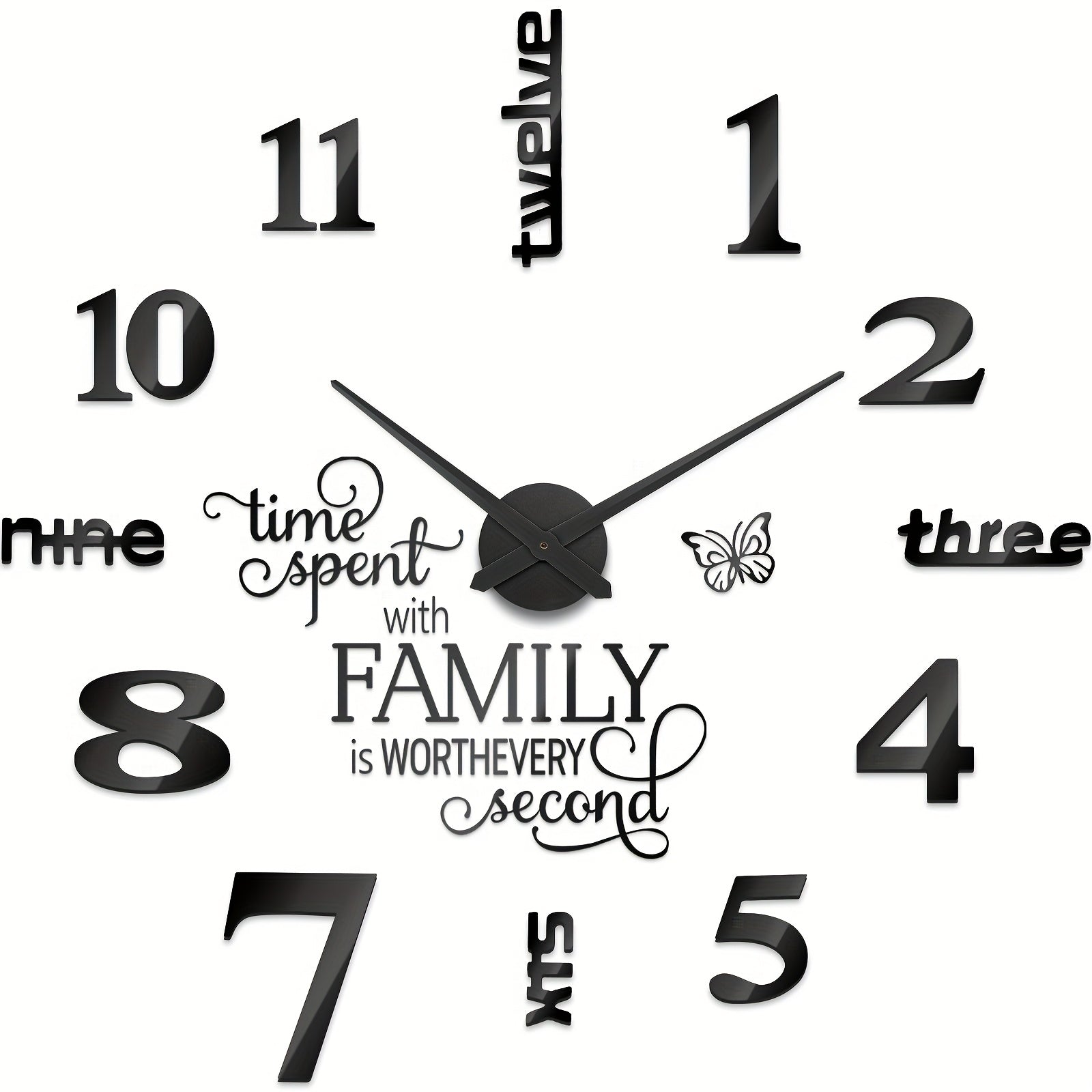 3D Large Frameless DIY Wall Clock Modern Decor Family Quote Wall Stickers Clock Kit For Home Living Room Bedroom Office Decorations Adjustable Size (Black)