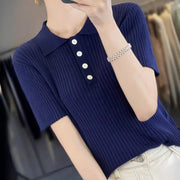 Navy Blue Hollow Striped Short Sleeve