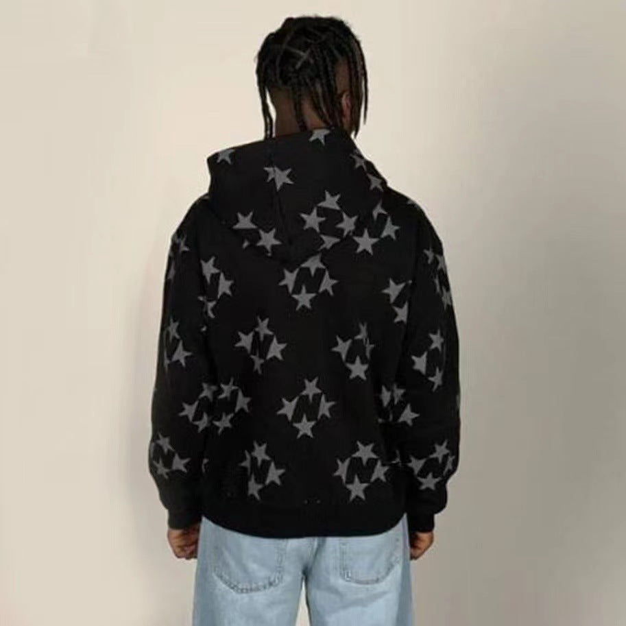 Stars Print Zipper Hooded Cardigan Couple Streetwear Coat