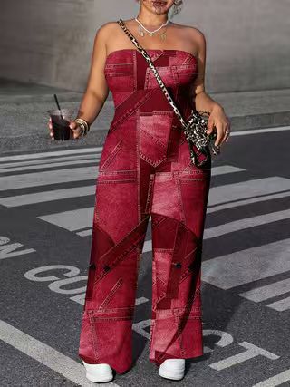 Women's Slim-Fit Printed Denim Jumpsuit