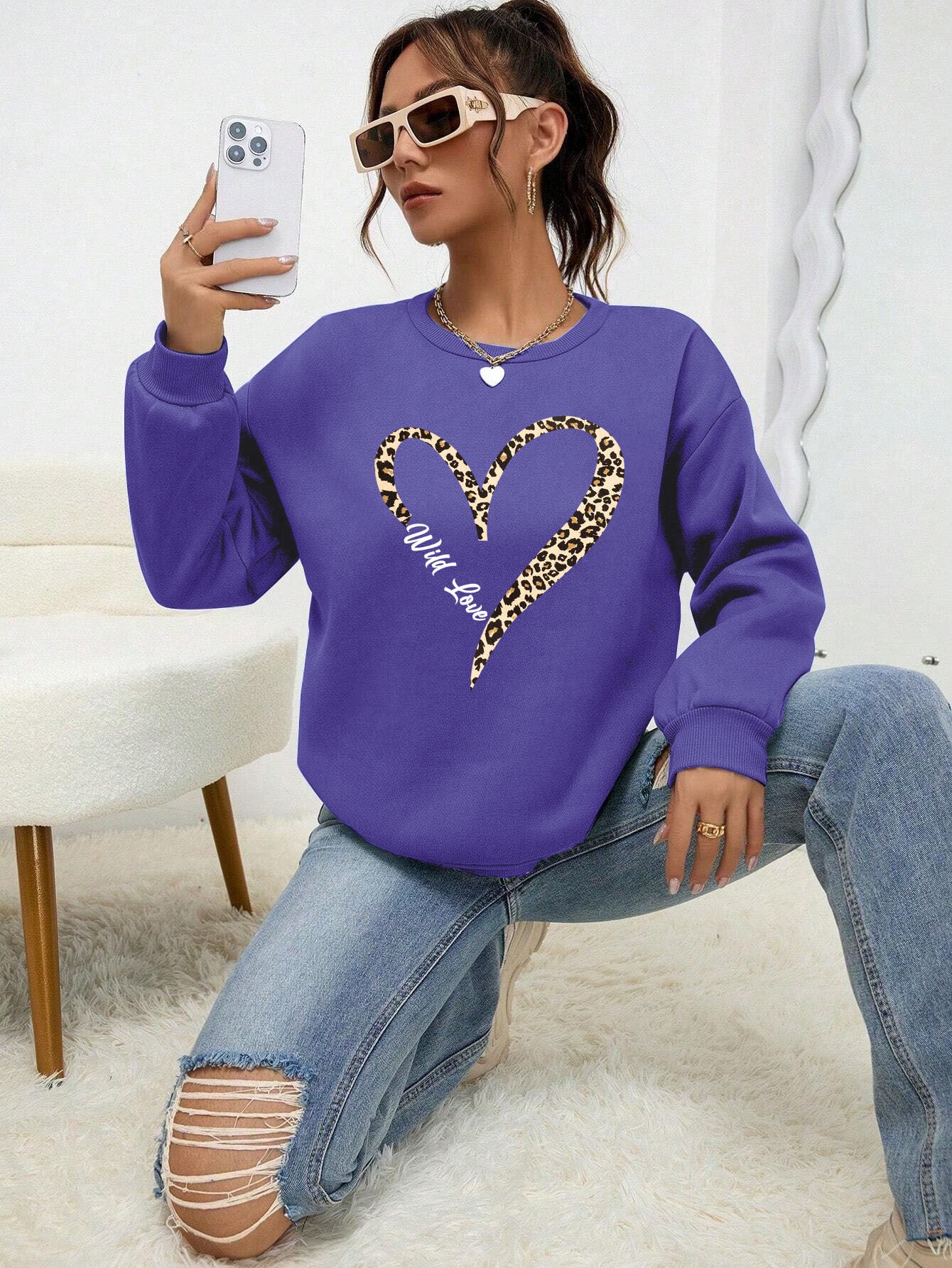 Leopard Wild Heart Print Sweatshirt Set