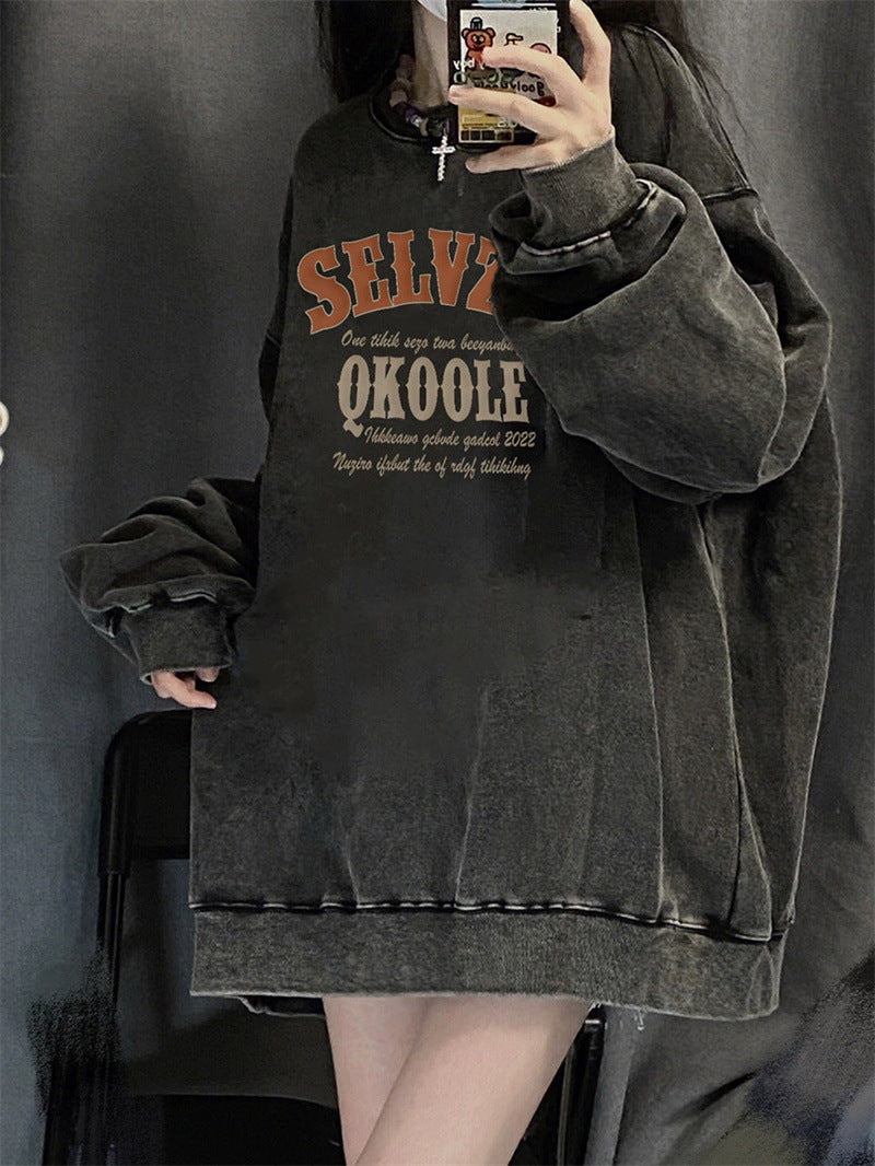 Retro Distressed Washed Cotton Women's Pullover Sweater