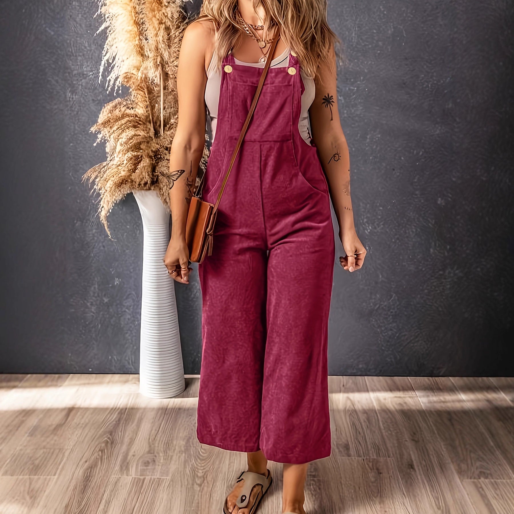 Casual Vacation Overalls With Pockets Solidcolor Corduroy Wide Leg Suspender Pants