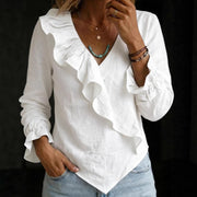 Elegant Ruffled Hem V-Neck Long Sleeve Shirt – Cotton & Linen Blend