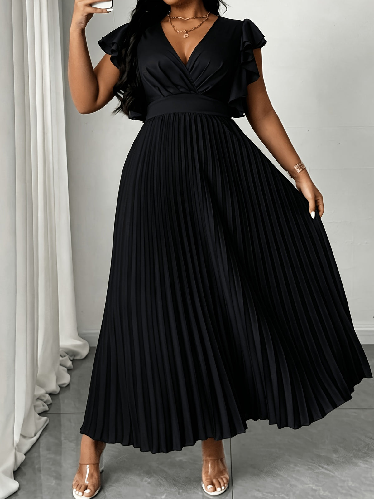 Plus-Size Elegant V-Neck Ruffle Midi Dress for Summer