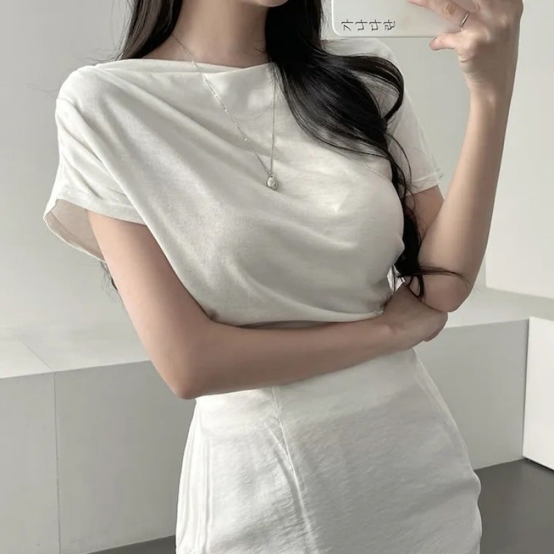 Straight-shoulder Short-sleeve Slim-fit Figure-flattering Crewneck T-shirt