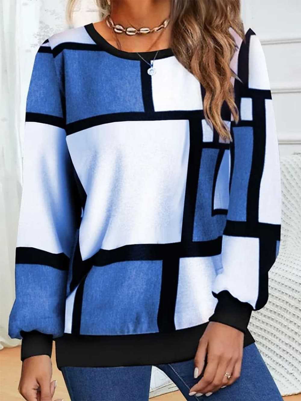 Geometric 3D Print Loose Long Sleeve Sweater