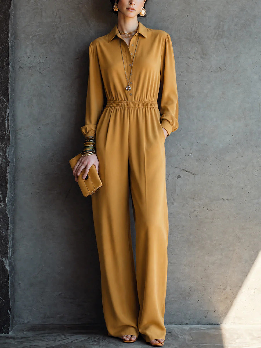Casual Solid Color Pocket Long Sleeve Jumpsuit