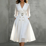 Notch-collar Long-sleeve Waist-cinching V-neck Dress