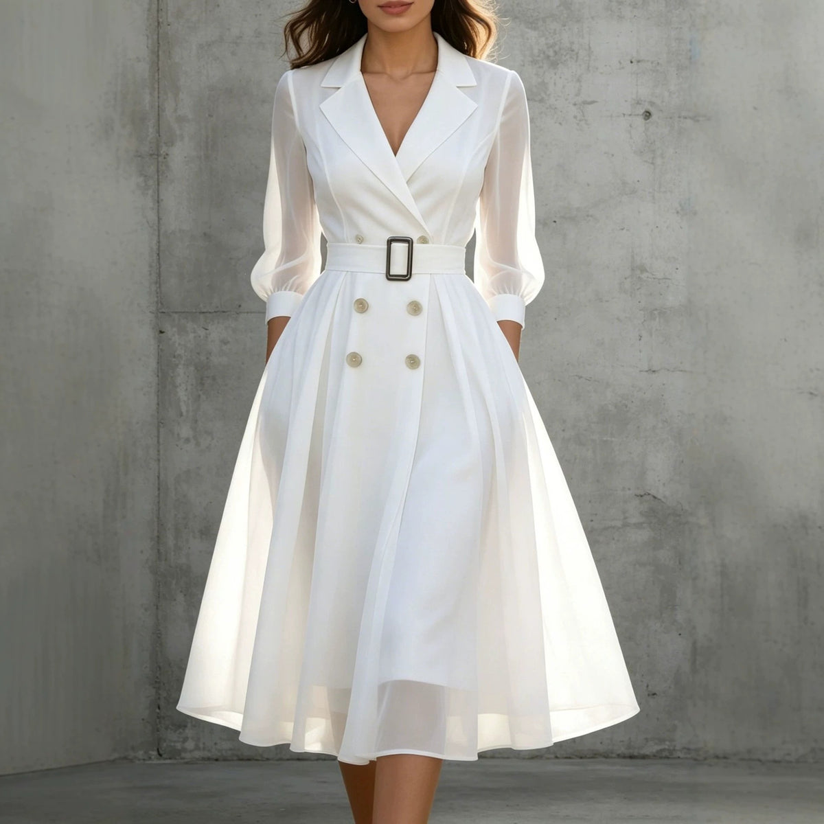 Notch-collar Long-sleeve Waist-cinching V-neck Dress