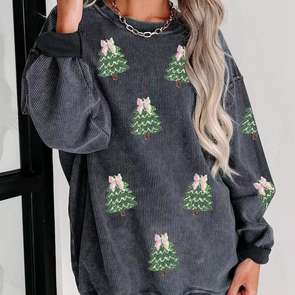Round Neck Sequins Christmas Tree Rib Sweater for Women