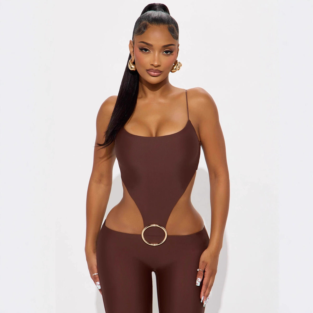 Sexy Hollow-Out Strap Top & Slim-Fit Mid-Waist Jumpsuit
