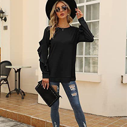 Chic Pleated Long Sleeve Round Neck Casual Women's Sweater