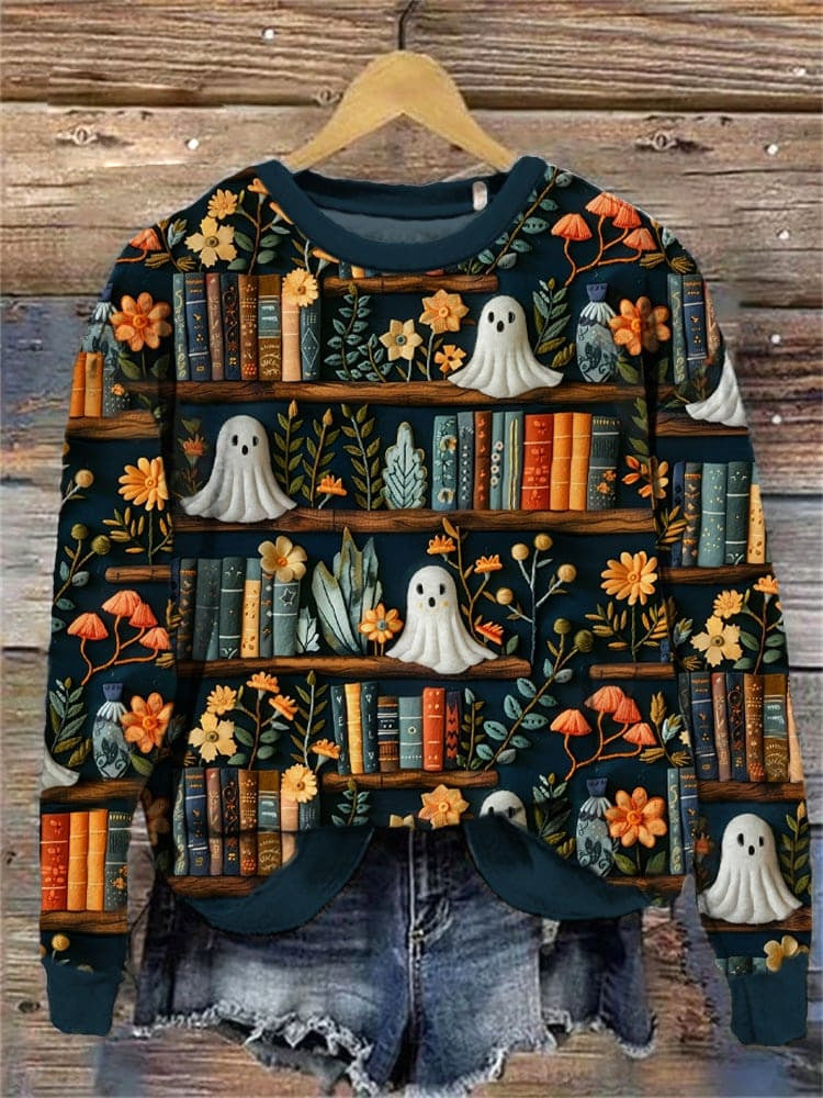 Women's Festive Pumpkin Print Crewneck Sweatshirt