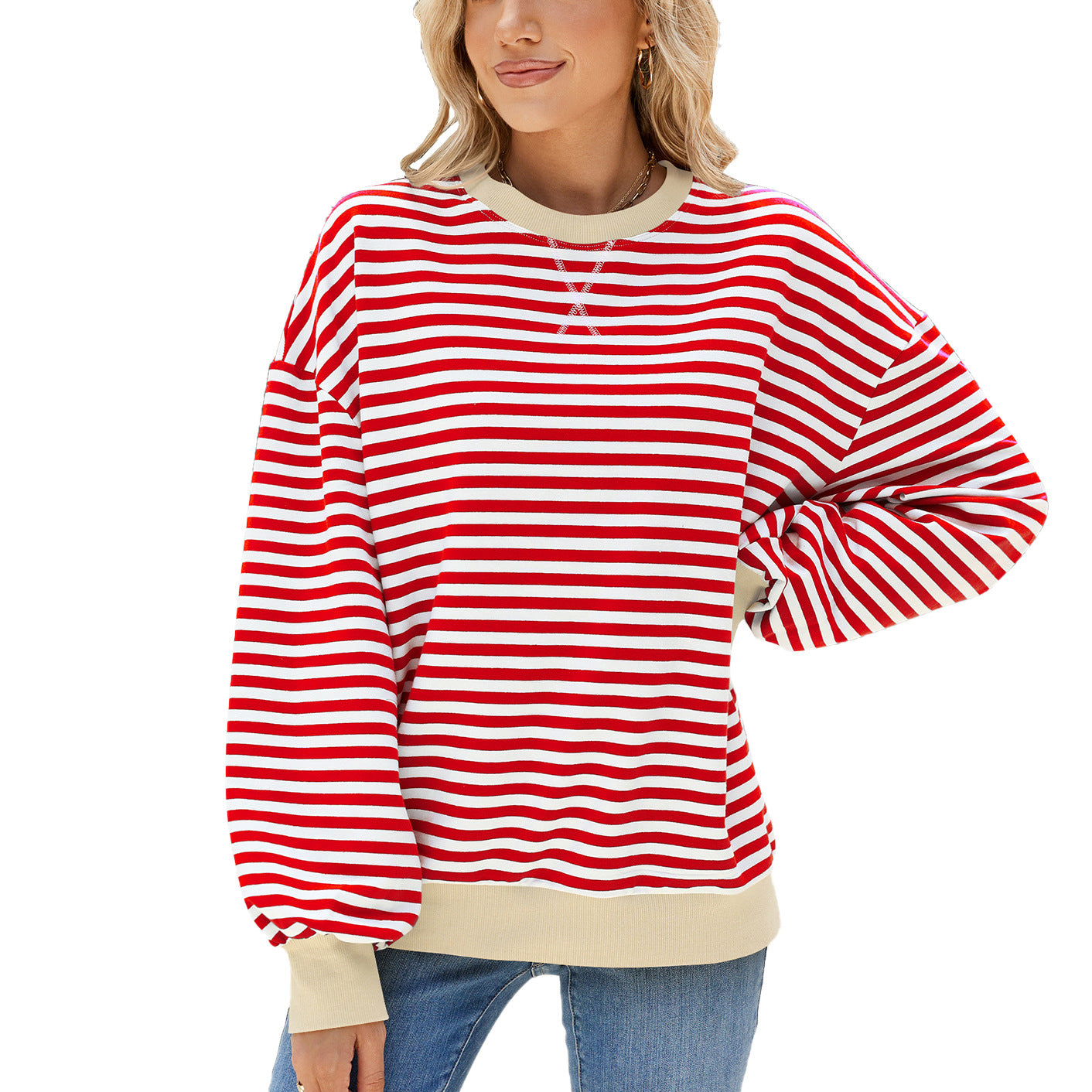 Women's Striped Round Neck Loose Long Sleeve Sweatshirt