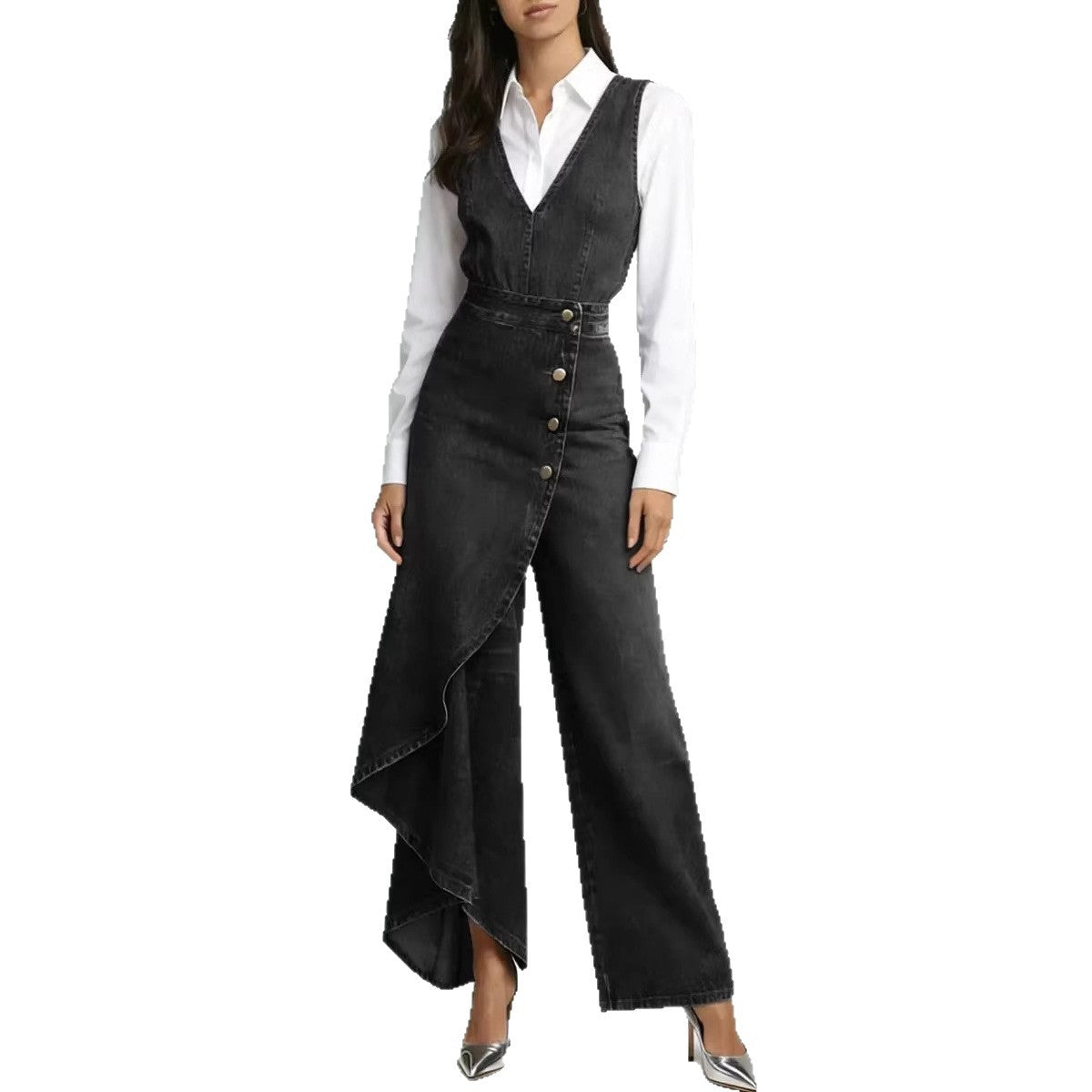 Western-style V-neck Asymmetrical Denim Jumpsuit