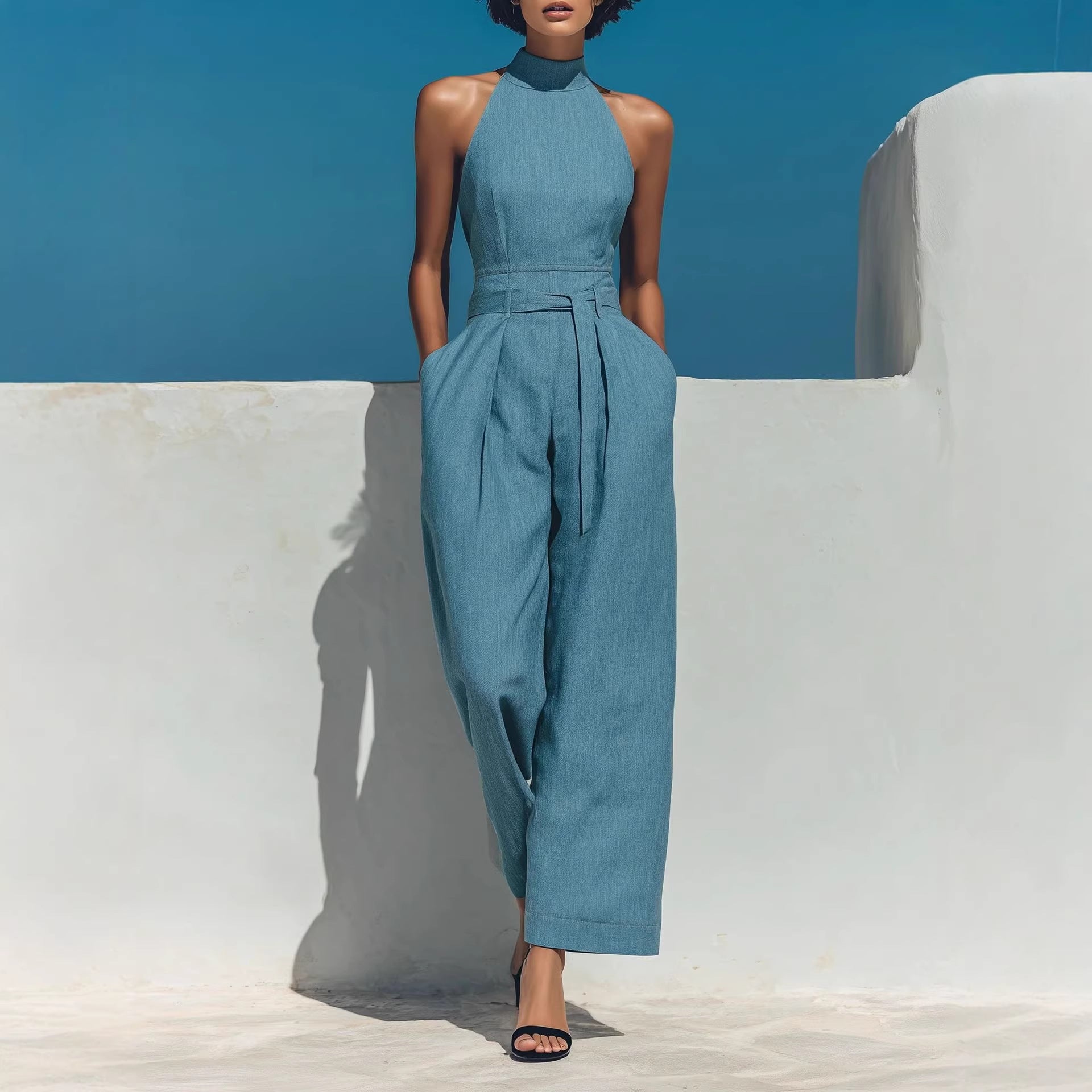 Summer One-shoulder Sleeveless Belted Jumpsuit