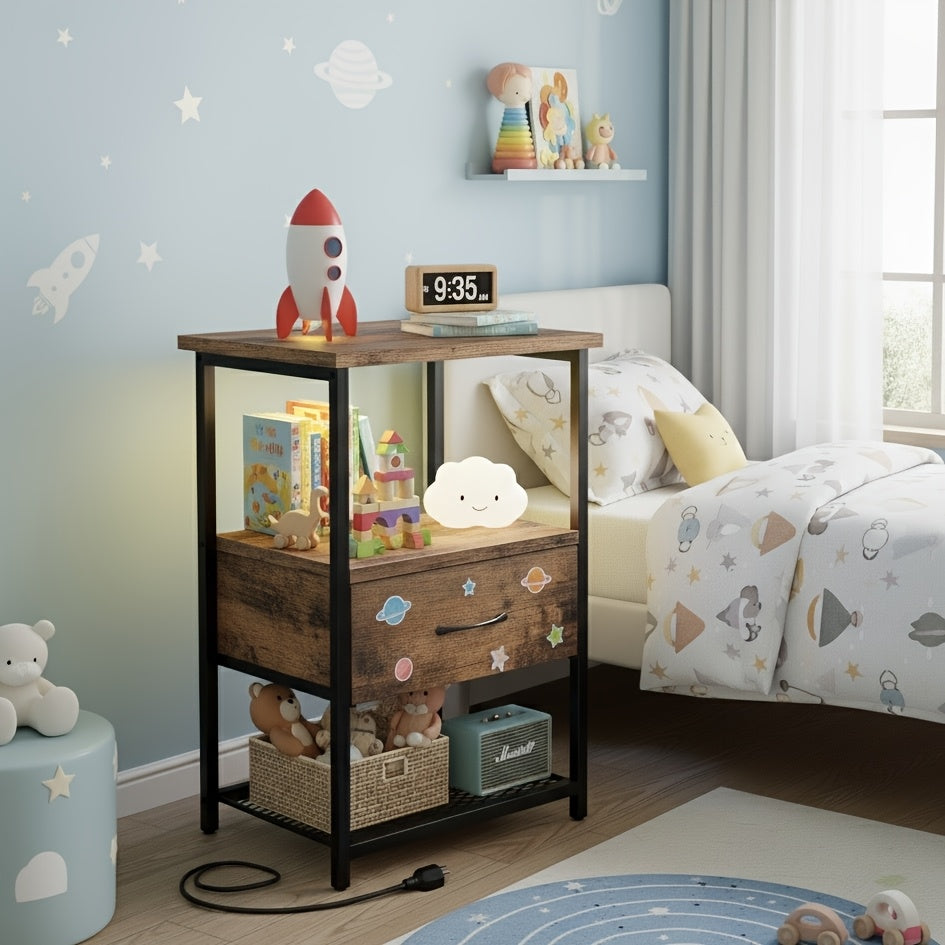 Half‑Size Nightstand with LED Charging Station and Drawer