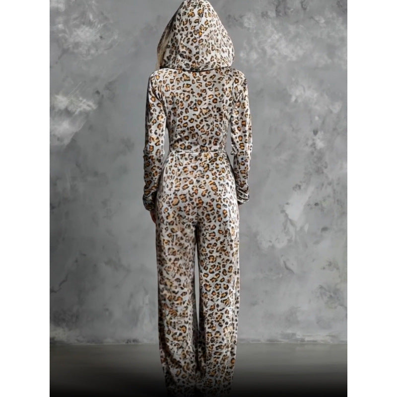 Leopard Print Hooded Velvet Wide-Leg Jumpsuit