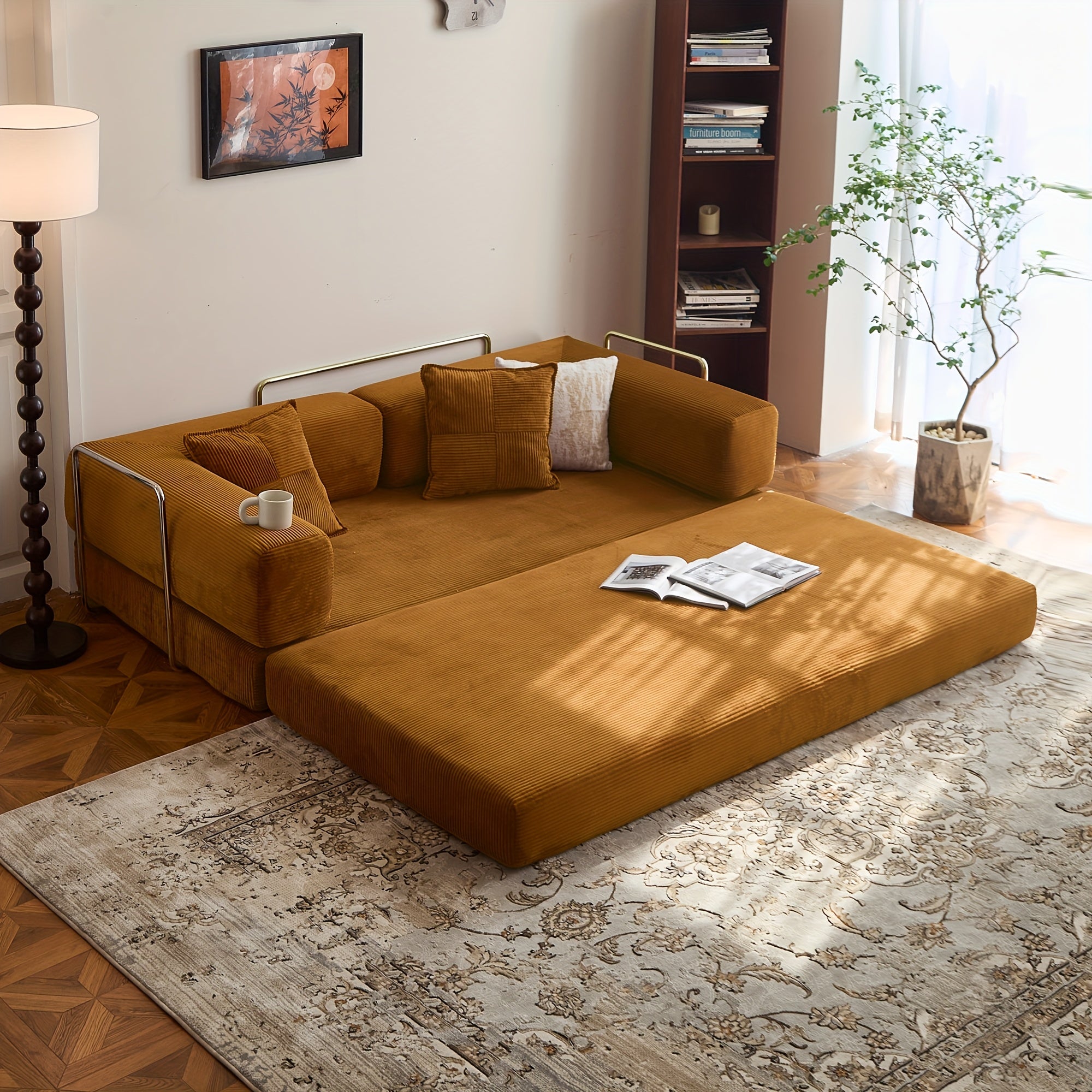 Modular L-shaped chaise longue sofa bed with deep seat and corduroy upholstery