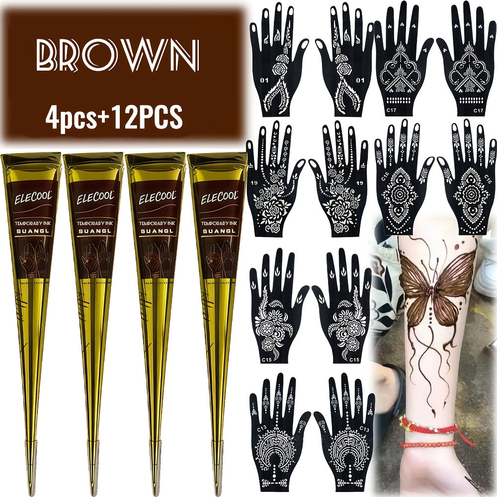 Temporary Semi‑Permanent Tattoo Paste – Brown & Black with Random Template Patterns (Waterproof, Safe & Non‑Irritating)