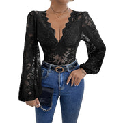 V-Neck Lace Long Sleeve Fitted Romper