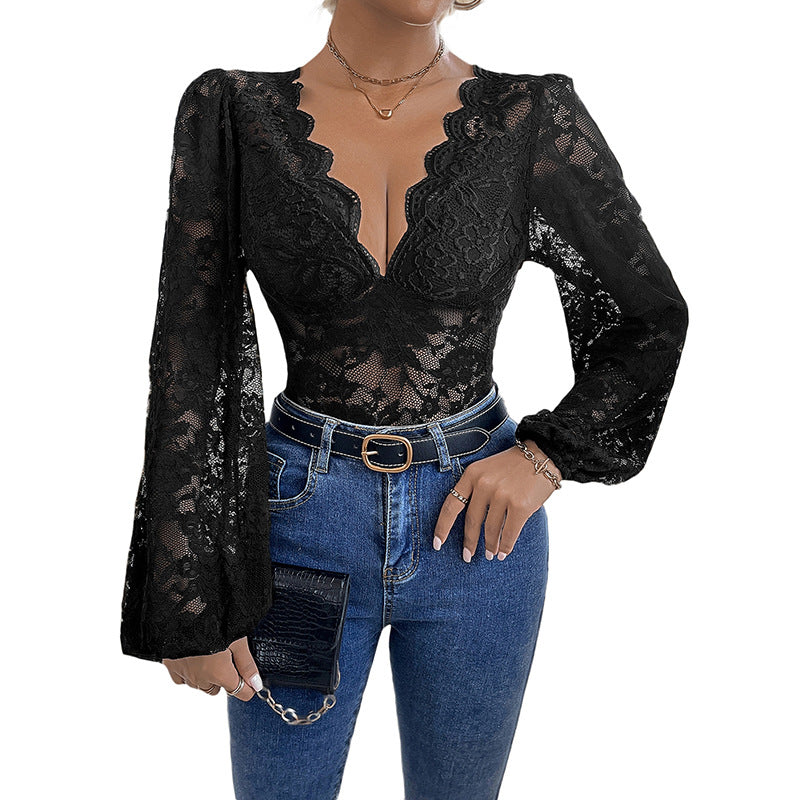 V-Neck Lace Long Sleeve Fitted Romper