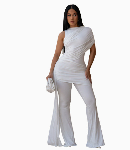 Sexy Crew-Neck Pleated Ribbon Flare Jumpsuit