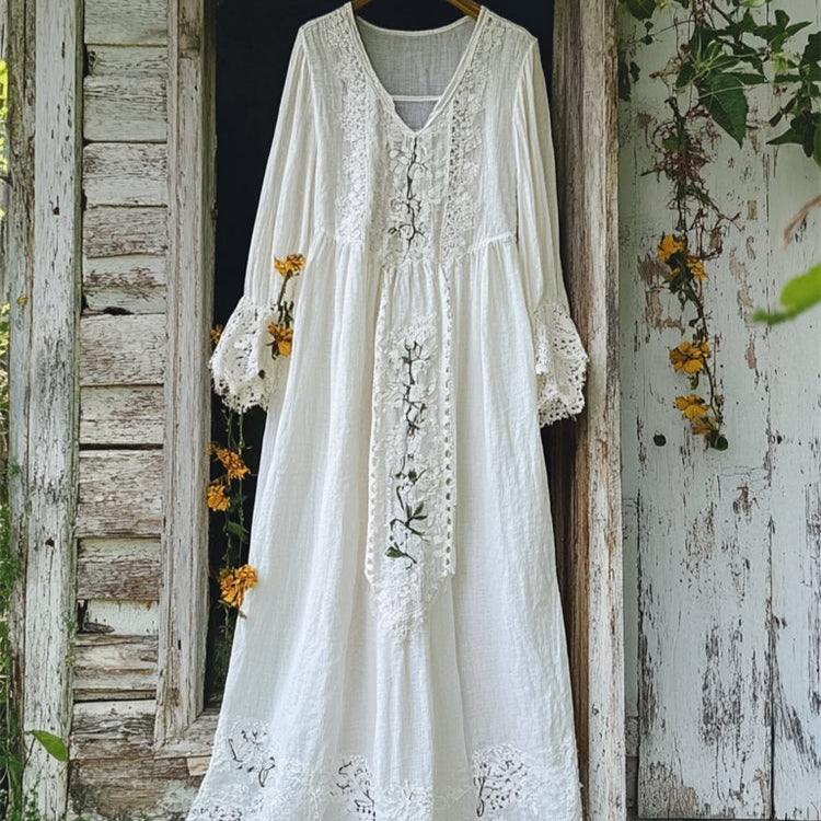 Lace Hollow Loose Long Sleeve Cotton and Linen Dress