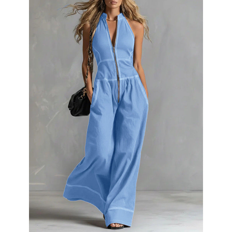 Chic Sleeveless Casual Stand-Up Collar Loose Jumpsuit