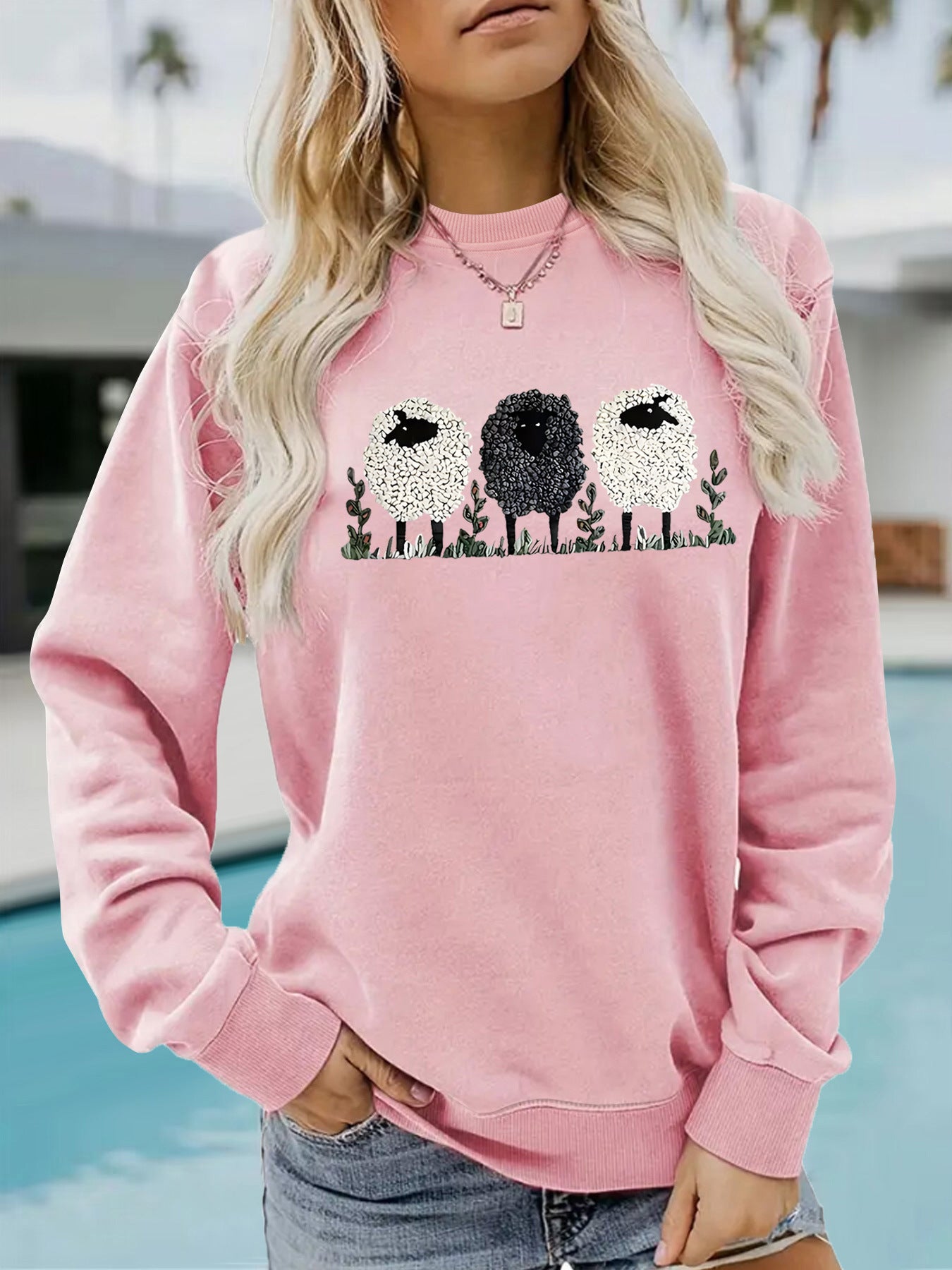 Chic Round Neck Printed Cashmere Pullover Sweater