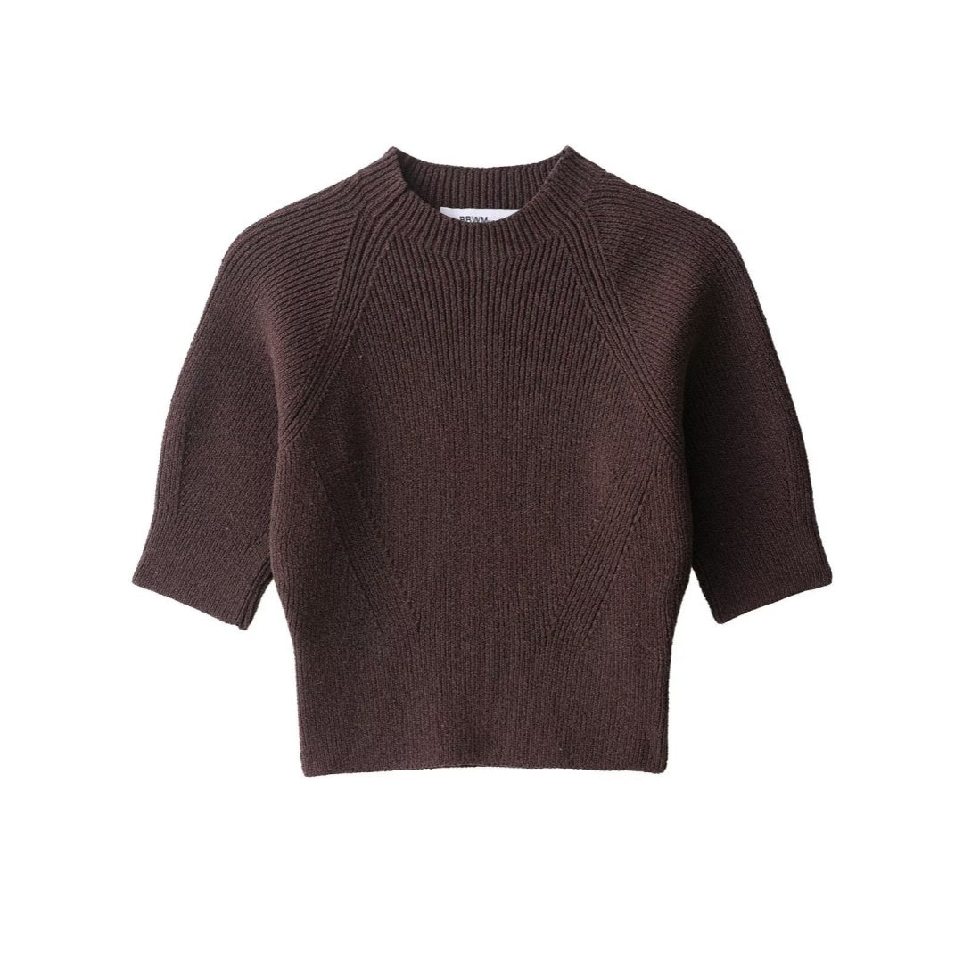 Women's Fashionable Casual Rib Knit Pullover – Short Sleeve, Brown