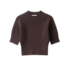 Women's Fashionable Casual Rib Knit Pullover – Short Sleeve, Brown