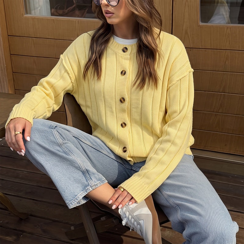 Solid-color Crew-neck Knitted Cardigan Sweater for Women