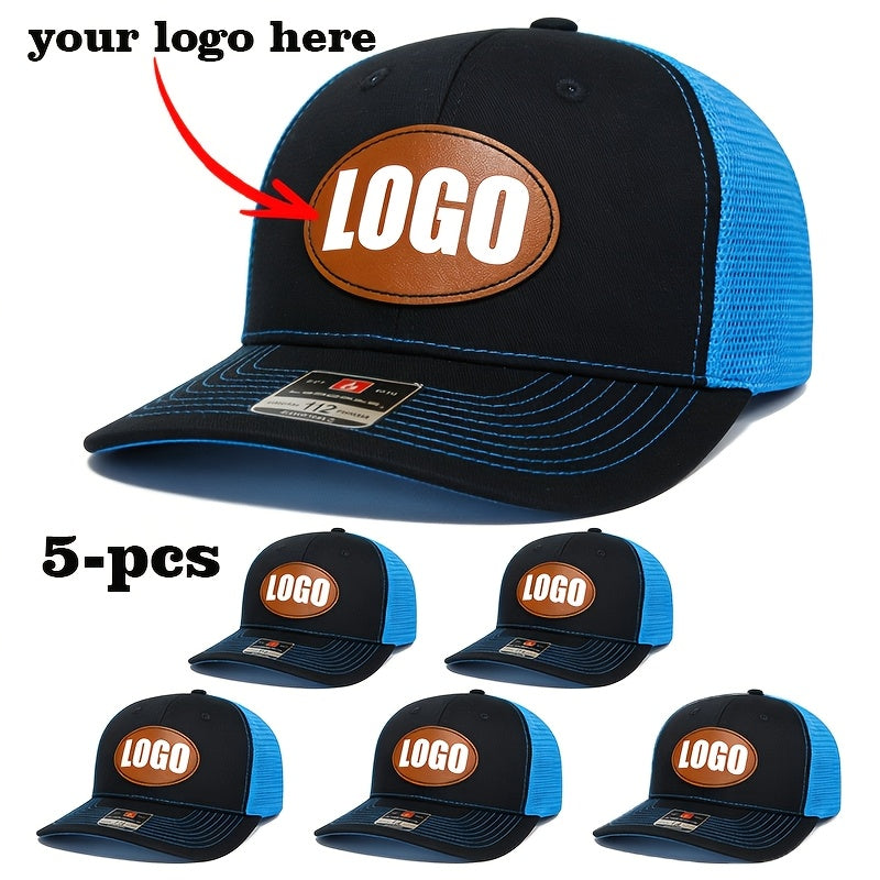 Set of 5 Tan Mesh Baseball Caps with Oval Logo – Snap‑Back Adjustable, 100% Polyester