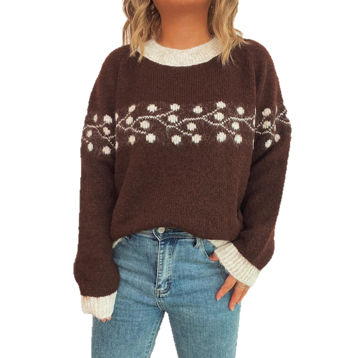 Autumn and Winter New Polka Dot Branch Jacquard Commute Leisure Sweater