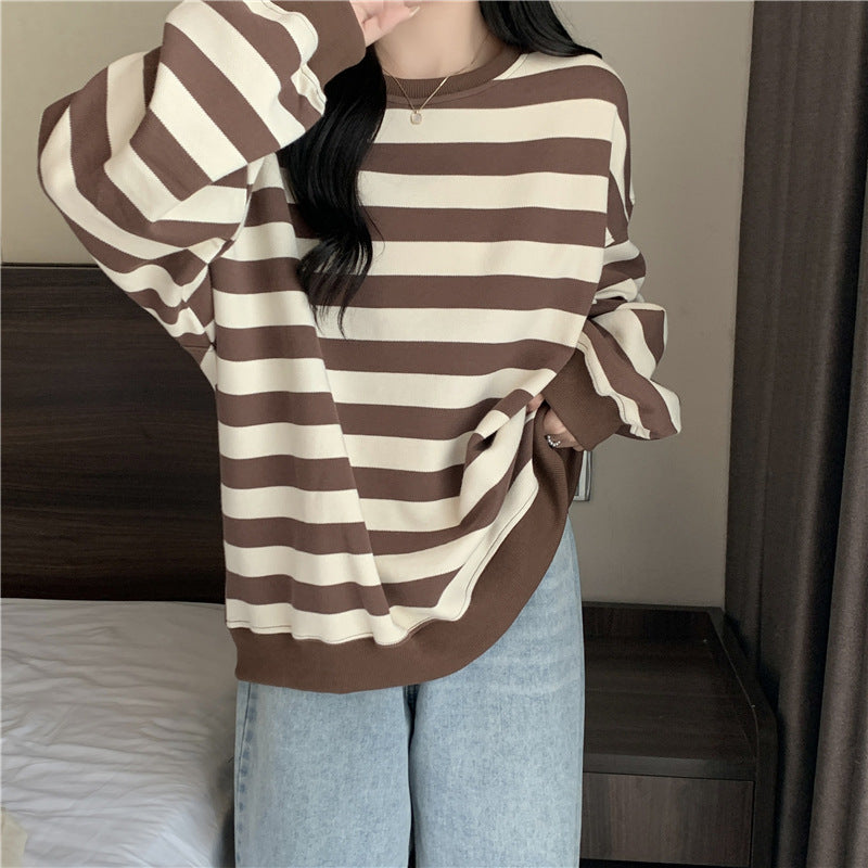 Retro Striped Crew Neck Casual Sweatshirt for Women
