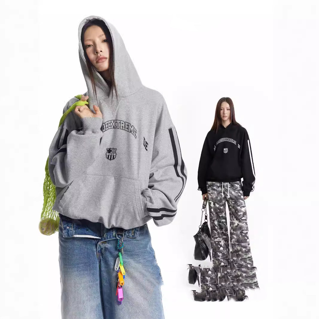 Retro Letter Heavy Terry Hoodie - Cozy Loose Sports Sweatshirt