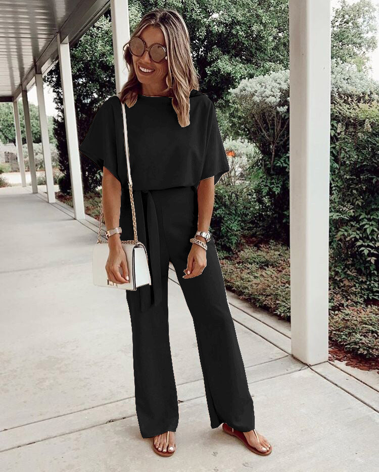 Women's Loose Casual Lace Up Jumpsuit Short Sleeve
