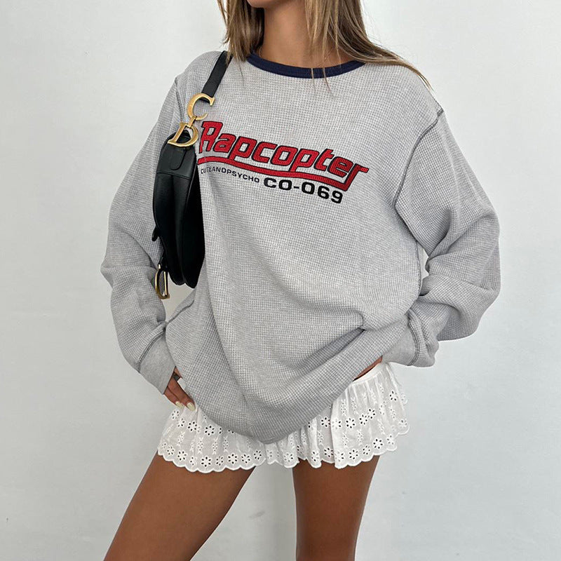 Retro Contrast Color Waffle Knit Long Sleeve Top