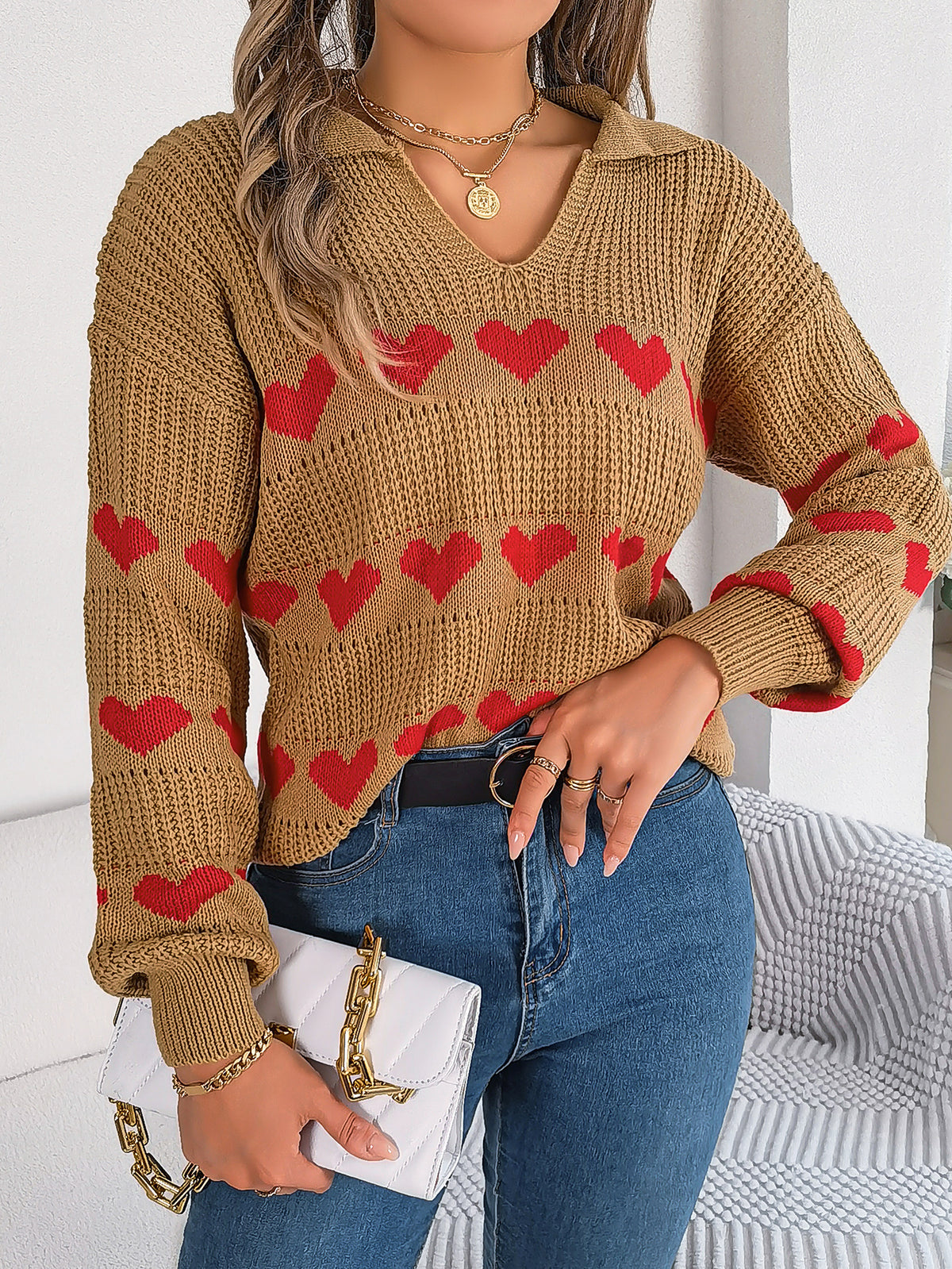 Women Casual V-neck Lantern Sleeve Color Block Heart Pullover Sweater
