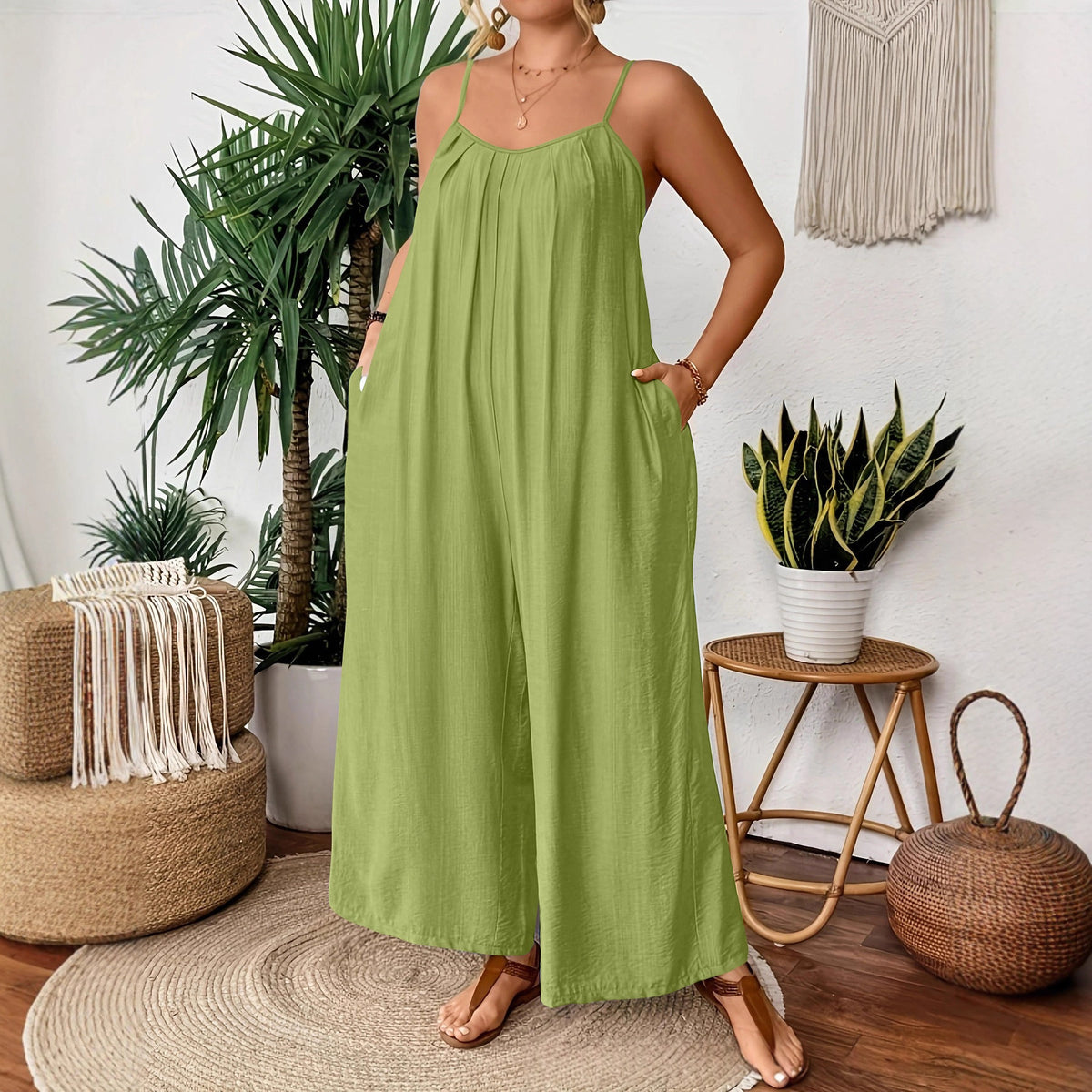 Chic Casual Plus-Size Wide-Leg Strap Jumpsuit