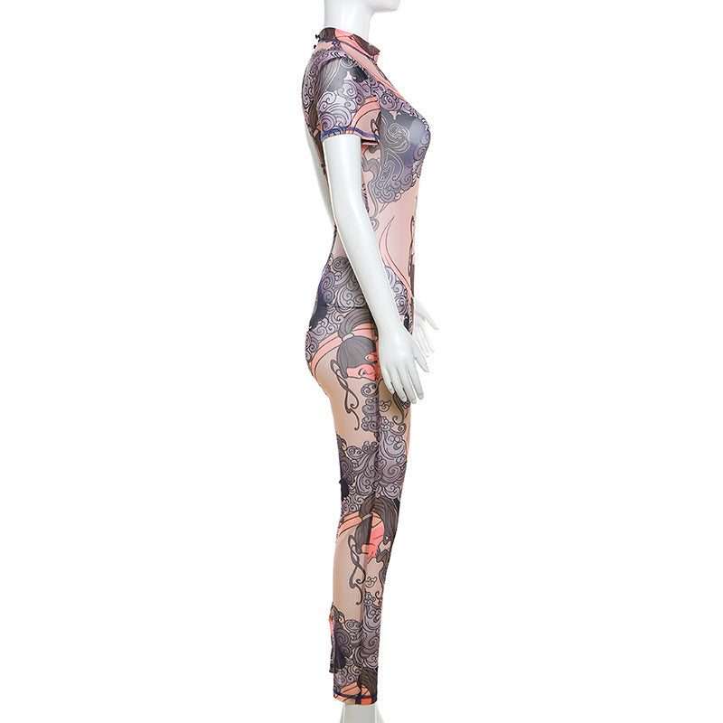 Women's Floral Mesh Backless Tight Jumpsuit