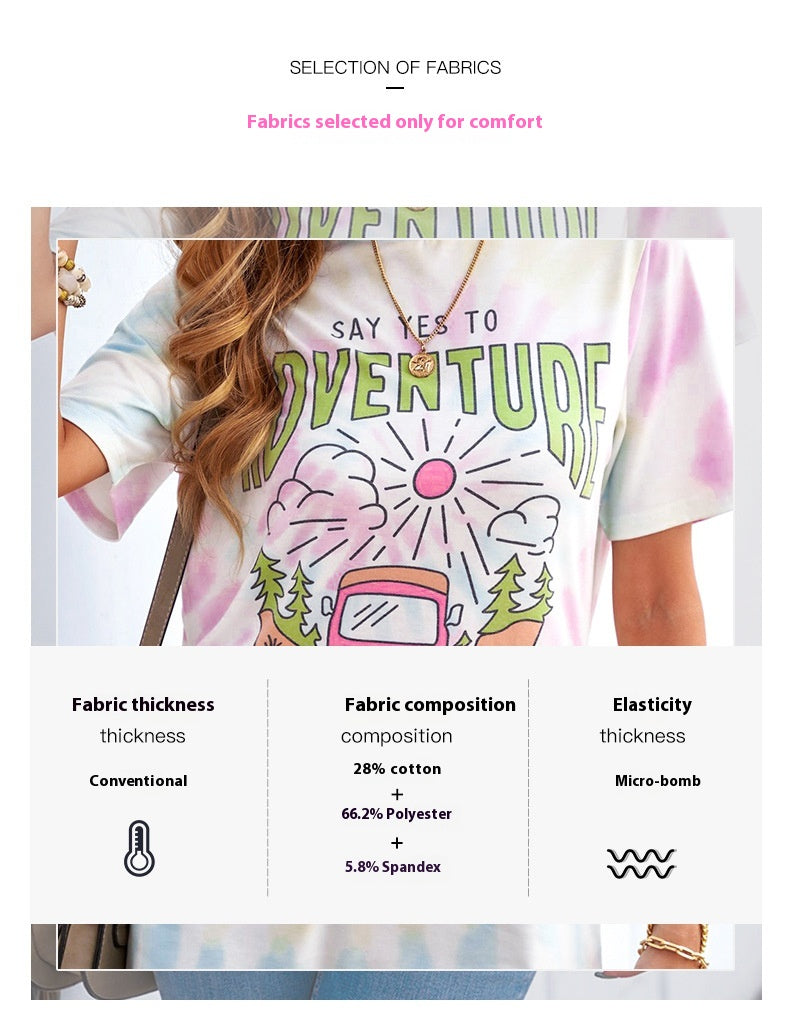 Casual Tie-Dyed Letter Print Short-Sleeve T-Shirt
