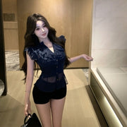 Ruffled French-collar Cap-sleeve Chiffon Blouse