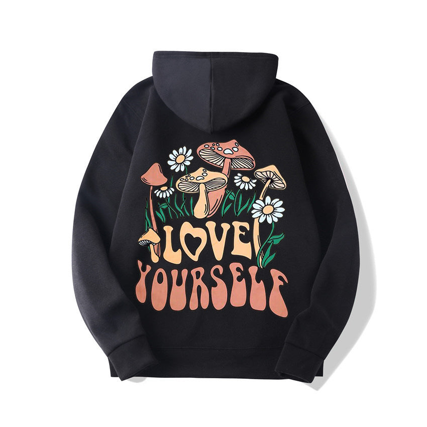 Plus Size Cute Mushroom Slogan Cozy Pullover Hoodie