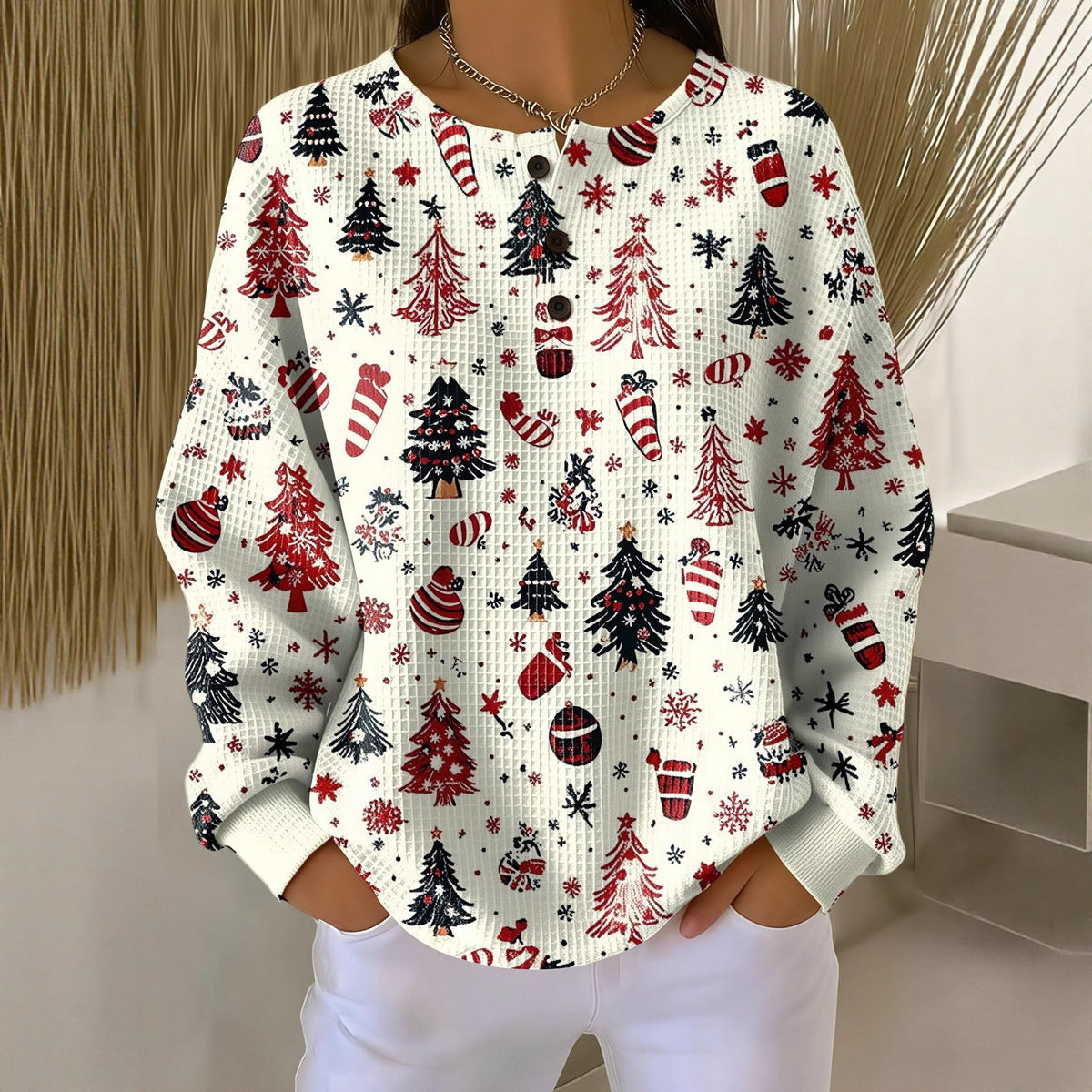 Retro 3d Digital-print Three-button Stand-up Collar Sweater