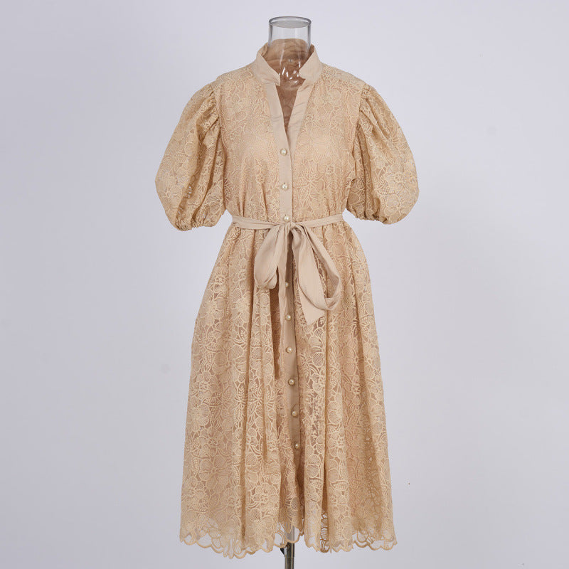 Heavy-duty French Embroidery Solid-color Oversized Tie-front Dress